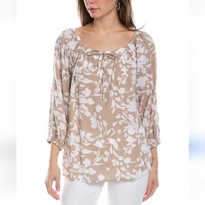 Walker & Wade Top Blouse Tan and White Scoop Tie Neckline Puff 3/4 Sleeves small